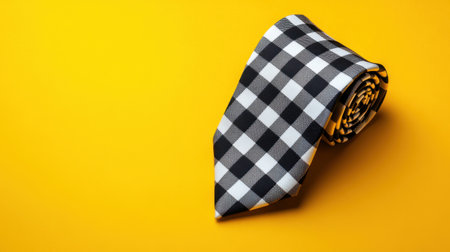 This image features a stylish black and white checked tie elegantly rolled up against a bright yellow background. Perfect for fashion displays, accessory showcases, and business presentations.の素材