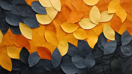 A captivating arrangement of autumn leaves in vibrant hues of yellow, orange, and dark gray, creating a warm, textured background ideal for seasonal designs.の素材