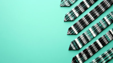 A striking arrangement of plaid ties displayed on a vibrant turquoise background, showcasing various patterns and textures that define modern style.の素材