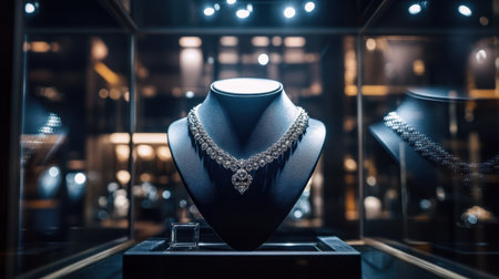 A beautifully crafted silver necklace elegantly displayed in a jewelry showcase, illuminated by soft, glossy lighting, enhancing its intricate design and allure.の素材