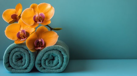This vibrant image features exquisite yellow orchids elegantly placed next to soft rolled towels, set against a serene blue backdrop, evoking a sense of relaxation and luxury.の素材