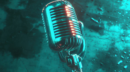 A captivating vintage microphone radiates a neon glow against a textured background, perfect for artistic music and creative media projects.の素材
