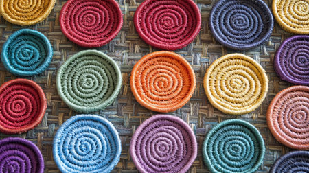 Experience the vibrant beauty of handcrafted spiral baskets, arranged meticulously against a textured background. Perfect for home decor or art projects.の素材