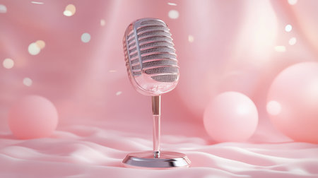 A vintage microphone stands elegantly on a soft pink background, surrounded by blurred lights and decorative balls, creating a dreamy atmosphere perfect for music and events.の素材