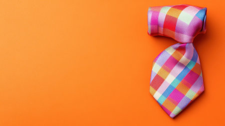 A colorful checkered tie rests elegantly on a bright orange background, perfect for highlighting fashion trends and styles in business and casual settings.の素材