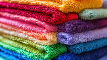 A colorful arrangement of neatly stacked towels showcasing a variety of vibrant hues. Ideal for bathroom or home dの素材