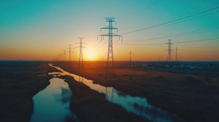 A breathtaking landscape featuring power lines stretching across a serene river at sunrise, surrounded by lush fields and a vibrant sky, showcasing natural beauty.の素材