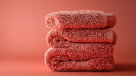 A charming arrangement of soft coral towels stacked neatly, perfect for enhancing spa and bathroom decor. Ideal for promoting relaxation and comfort.の素材