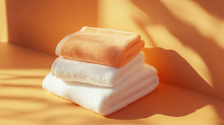 This image features a soft stack of orange and white towels placed neatly against a warm-colored backdrop, creating a serene and inviting atmosphere perfect for relaxation or spa settings.の素材