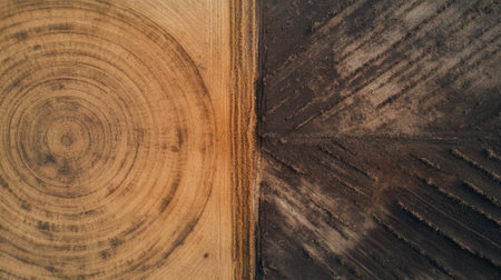 This stunning aerial image showcases the striking contrast between agricultural land and forest. Circular patterns from tree rings meet sharp lines from farming, highlighting the balance between nature and cultivation.の素材