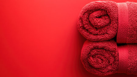 Vibrant red rolled towels resting on a bright red background, ideal for showcasing luxury bathroom decor or wellness spa experiences.の素材