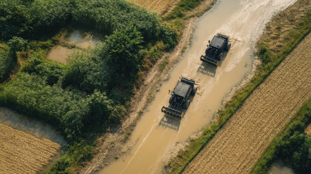 This aerial photograph displays two heavy trucks maneuvering through a muddy rural road, surrounded by lush greenery and expansive farmland, depicting agricultural transport.の素材