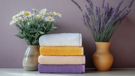 A beautiful arrangement of soft, colorful towels stacked beside vibrant flowers in elegant vases, set against a soothing background, perfect for home decor inspiration.の素材