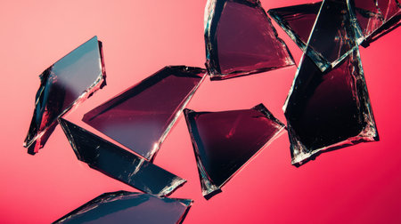 A stunning collection of shattered glass pieces floating gracefully against a vibrant pink background, creating a captivating and dynamic visual impact.の素材