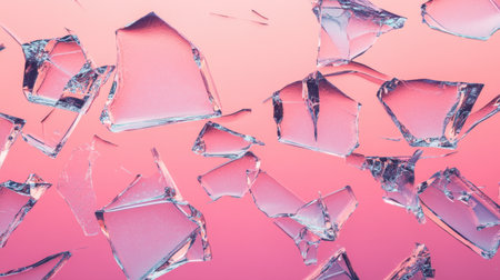 A captivating image of shattered glass pieces scattered over a soft pink background, showcasing intricate reflections and textures that evoke a modern, artistic feel.の素材
