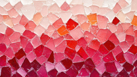 This image features a vibrant mosaic made of irregular glass fragments in shades of red, pink, and orange. Perfect for artistic and creative projects.の素材