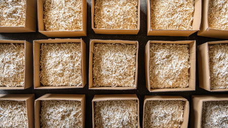 Aerial view of cardboard boxes filled with brown and beige shredded paper filling, ideal for packing and shipping materials across various applications.の素材
