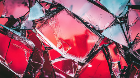 This image captures fragmented glass shards set against a vibrant red and blue background, showcasing an abstract and contemporary design perfect for creative projects.の素材