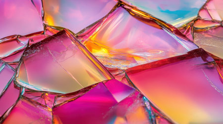 This vibrant close-up showcases colorful glass fragments reflecting light in radiant hues of pink, purple, and gold, creating an abstract visual delight.の素材