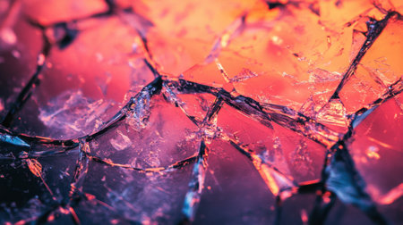 Close-up view of a shattered glass surface illuminated by vibrant colors, showcasing intricate patterns and reflections that inspire creativity in design.の素材