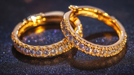 Stunning golden rings embellished with brilliant diamonds create a luxurious look, reflecting light beautifully against a dark, shimmering background.の素材