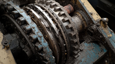 This image showcases a detailed close-up of an industrial gear mechanism, featuring intricate components covered in grime and dirt. The blue and gray tones highlight the weathered texture, illustrating the wear from continual operation.の素材