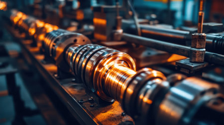 An intricate view of mechanical components in a factory, emphasizing precision engineering. The image captures the essence of industrial manufacturing processes.の素材