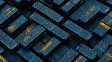 A captivating aerial view of stacked cargo containers featuring a striking blue and yellow color scheme, ideal for illustrating modern shipping and logistics themes.の素材