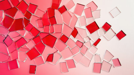 A stunning arrangement of colorful glass tiles in various shades of red and pink, set against a light background, creating a modern and artistic feel.の素材