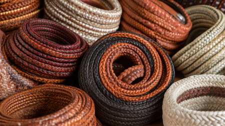 This captivating image showcases a beautiful arrangement of handcrafted baskets and braided textiles in warm colors. Ideal for art and craft enthusiasts.の素材