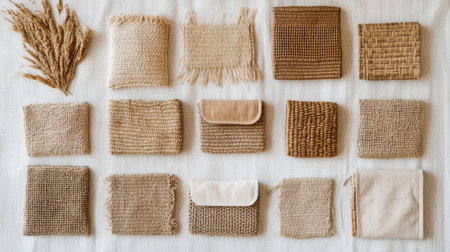 A captivating flat lay image featuring an array of unique textures and designs of natural fabrics and woven materials in warm earthy tones.の素材