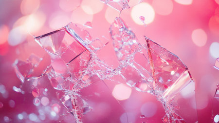 This captivating image captures shattered glass pieces against a soft pink background, enhanced with sparkling bokeh effects, perfect for creative projects.の素材
