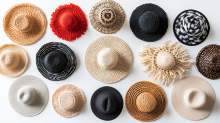 This image showcases a beautiful arrangement of various hats, highlighting different shapes, colors, and textures, perfect for fashion and style inspiration.の素材