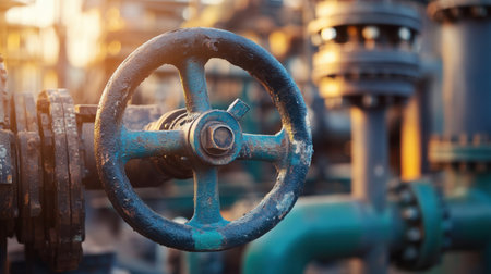 Close-up view of an aged valve handle with rust and patina, set against a backdrop of an oil and gas refinery, highlighting industrial machinery.の素材