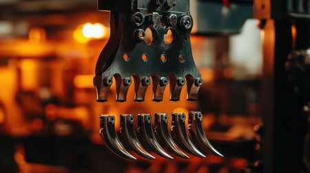 Close-up image of a mechanical claw attachment used in industrial machinery, featuring a sophisticated gripping mechanism against a softly lit background.の素材