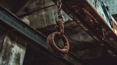 A close-up view of a rusty chain hook hanging in an industrial environment, showcasing intricate details and aged textures against a grunge background.の素材
