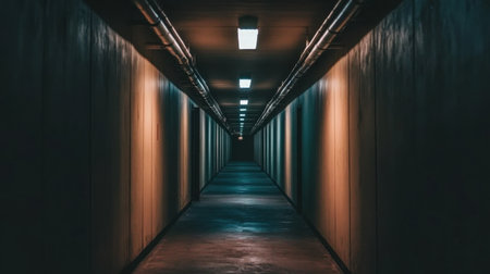 A captivating view of a long corridor illuminated by stark lights, casting dramatic shadows and highlighting the linear design of an abandoned space.の素材
