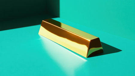 A striking gold bar rests elegantly on a vibrant turquoise surface, enhanced by strong lighting that creates captivating reflections and shadows.の素材