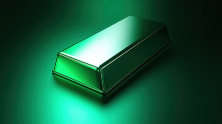 This striking image features a shiny green metallic bar set on a smooth reflective surface, illuminated by soft light, creating an elegant visual effect.の素材