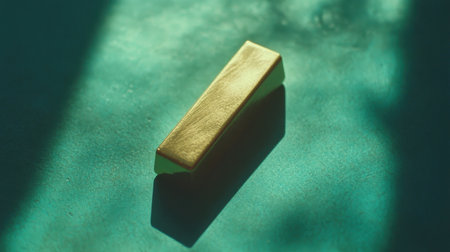 This image features a gold bar resting on a rich teal surface, illuminated by soft lighting that casts elegant shadows and reflections, perfect for luxury themes.の素材