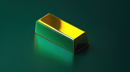 This stunning image features a shiny gold bar resting on a smooth green surface, showcasing dramatic lighting and reflections that highlight its luxurious appeal.の素材