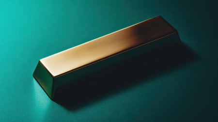 A sleek metallic bar lies on a smooth teal surface, illuminated by soft light, creating a sophisticated and luxurious ambiance suitable for various artistic projects.の素材