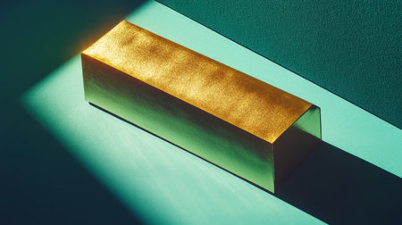 A shimmering gold bar rests on a teal surface, illuminated by soft light that creates captivating shadows and highlights, evoking a sense of luxury and elegance.の素材
