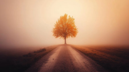 A serene scene featuring a single tree along a quiet road enveloped in fog during sunrise, showcasing breathtaking warm hues that evoke tranquility.の素材