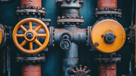 A detailed view of an industrial pipe system featuring vibrant yellow valves and fittings within a warehouse setting, showcasing machinery and engineering.の素材