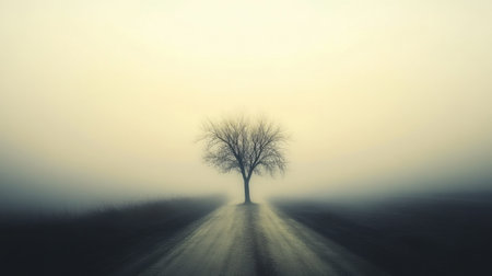A solitary tree stands on a quiet road enveloped in fog, creating a serene and mysterious atmosphere. The image evokes feelings of solitude and calm.の素材