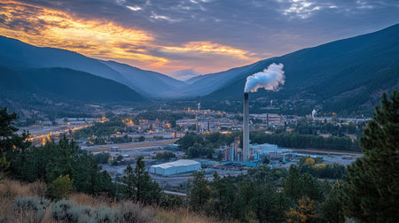 A stunning view of an industrial area nestled in a Rocky Mountain valley at sunrise. Smoke rises from a factory stack, contrasting with the serene natural landscape.の素材