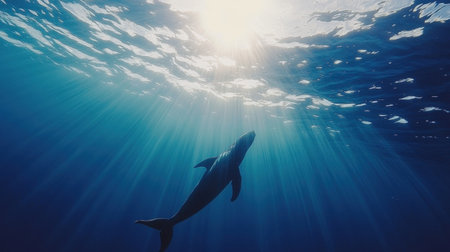 A stunning image showcasing a majestic shark swimming gracefully underwater, illuminated by radiant sunlight rays filtering through the ocean surface, creating a tranquil and serene marine environment.の素材