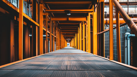 A striking industrial walkway featuring vivid orange beams that create a unique perspective. The corridor leads the eye towards bright light, emphasizing symmetry and modern design.の素材