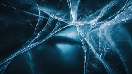 This captivating image showcases an abstract ice formation illuminated by ethereal blue light. The intricate patterns create a mysterious and serene atmosphere, making it perfect for projects centered on nature, winter, and tranquility.の素材